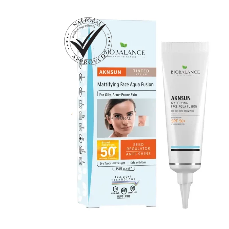 Chemical Sunscreen Aknsun Mattifying Face Aqua Fusion 50+ Spf-Tinted Light (Medium)- 40Ml- Biobalance